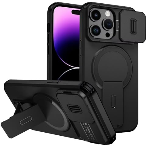 custodia per iPhone 15 Pro Max con ring stand magnetico, cover militare antiurto con protezione fotocamera scorrevole compatible with MagSafe ricarica wireless Nero
