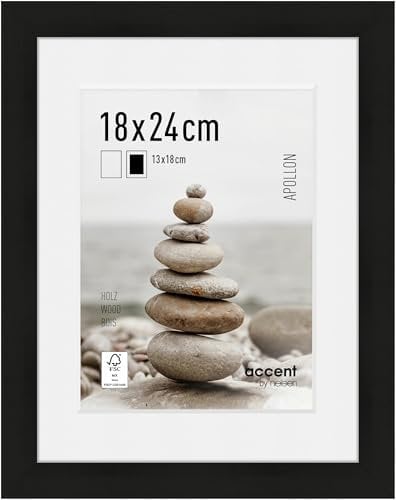 accent by nielsen Bilderrahmen mit Passepartout, 18 x 24 cm, Holz, Schwarz, Fotorahmen zum Auftstellen und Aufhängen im Hoch- & Querformat, Echtglas, Apollon