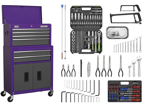 Sealey American PRO® Topchest & Rollcab Combination 6 Drawer with Ball-Bearing Slides - Purple/Grey & 170pc Tool Kit - AP2200COMBOCP