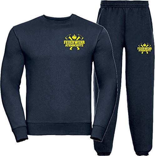 Sweat-Jogginganzug Navy, Feuerwehr ATEMSCHUTZ, Äxte Neongelb L
