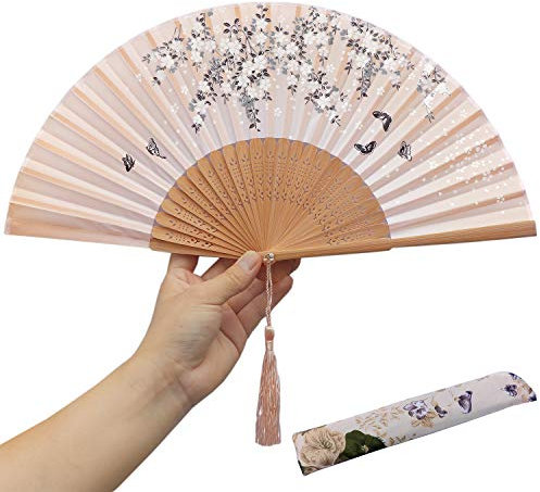 XGAKWD Folding Hand Fan with Tassel, Chinease/ Japanese Handmade Silk Bamboo Hand Held Fans for Women's Gifts Wedding Party Favors Supplies (Gold)