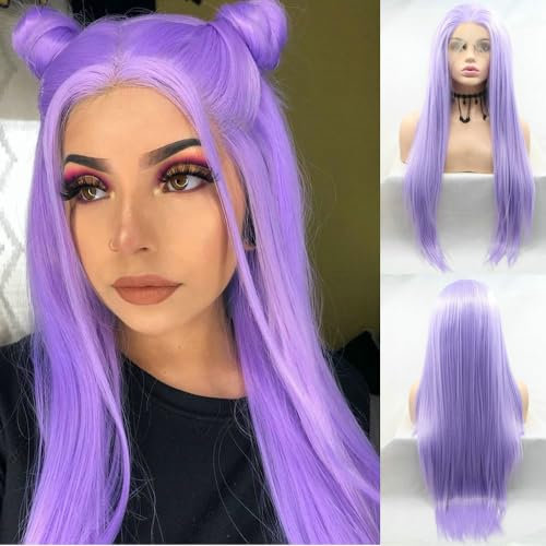 SereneWig Lange gerade Pastell Lila Synthetische Spitze Front Perücken für Frauen Täglicher Gebrauch Hitzebeständige Faser Lila Lila Farbe Halloween Cosplay Party Make-up Drag Queen Perücken