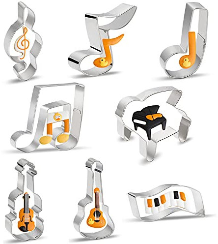 Ausstechformen-Set mit Musiknoten, 8 Stück, Edelstahl, G-Notenschlüssel, Achtelnote, ein Viertelnote, Klavier, Violine, Gitarre, Klaviertastatur, Musikinstrumente, Kekse, Fondant, Ausstechformen
