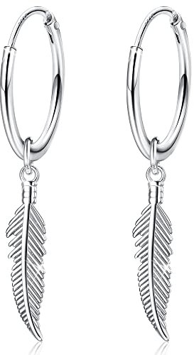JeweBella Ohrringe Silber 925 Damen Creolen mit Feder Hängend Hypoallergen Ohrringe für Damen Mädchen Herren Durchmesser:15mm