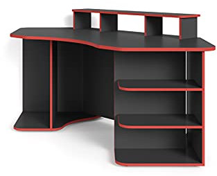 byLIVING Thanatos 02 Gaming-Schreibtisch mit robuster und pflegeleichter Melamin Oberfläche in schwarz und Kanten Aufsatz für mehr Stauraum, Holzwerkstoff Spanplatte, grau-rot, B 198, H 76, T 85 cm