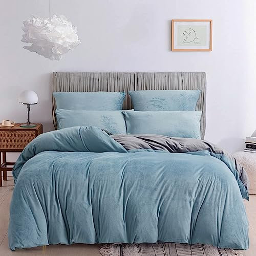 Damier Plüsch Bettwäsche 200x200cm Türkis Blau Grau Winter Bettwäsche Set 3 Teilig Plüsch Deckenbezug Bettbezug mit Reißverschluss und 2 x Kopfkissenbezug 80 x 80 cm