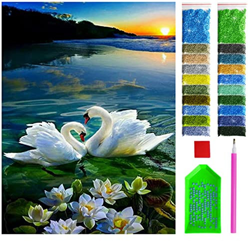 ARTULIO Diamond Painting Set - Schwanenpaar im Sonnenuntergang - 30x40 cm – 5D Diamant Painting Bilder, Diamond Painting Erwachsene