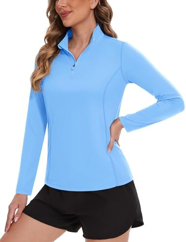 TACVASEN Damen UV Sonnenschutz Langarmshirt Stretch Laufshirt 1/4 Reißverschluss Outdoor Funktionsshirt Bademode Shirt (S, Blau)