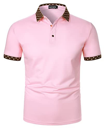 AIOIDI Polo T Shirt Hommes Manches Courtes Respirant Coton Marron Col Contraste Couleur Été Tops,Rose,M
