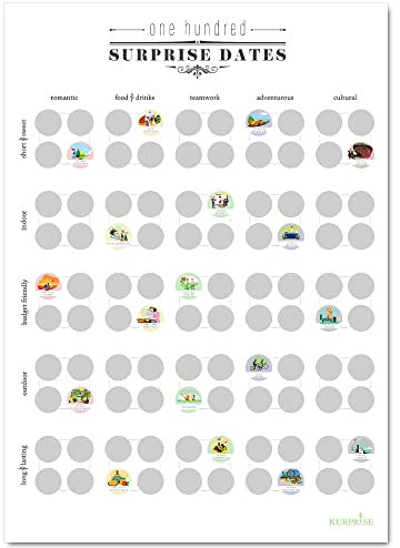 Kurprise 100 Surprise Bucket List Dates Scratch Off Poster mit Spaß, Interaktive Date Ideen für Dating und Ehepaare, Kreative Custom Kategorien, Inspiriert Romantik und Liebe