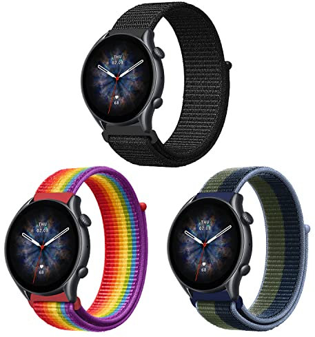 ZoRoll 3 Pezzi 22mm Cinturino per Amazfit Bip 6/Bip 5/Balance/Cheetah Pro/Cheetah/GTR 3 Pro/3/2e/2, Nylon Ricambio Bracciale per Amazfit GTR 47mm/Huawei Watch GT 3 Pro 46mm - Nero+Arcobaleno+Verde&Blu