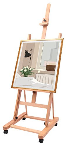 Profi Atelierstaffelei als Studio Staffelei Horizontal klappbar – Stabile Staffelei Holz– Stativ Gemälde Leinwandhalter auf 4 Rollen für Keilrahmen bis 130 cm