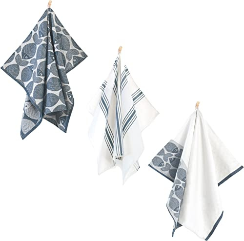 ZWOLTEX 3er Set Jacquard Geschirrtücher/Geschirrtuch | Küchentuch | Abtrockentuch | saugstarke Baumwolle I Sammlung Premium Geschirrtücher - 3x Fish Navy Multi Design (50x70)