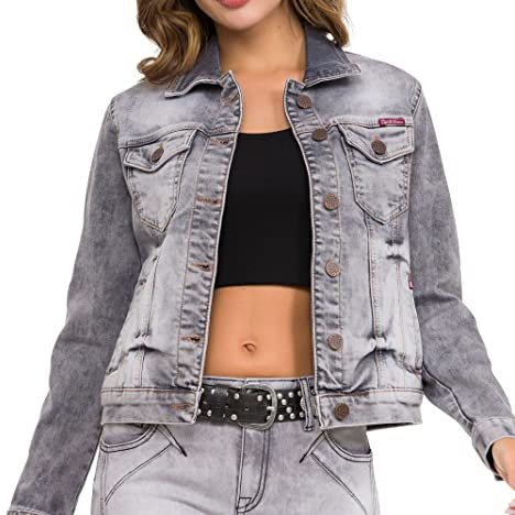 Cipo & Baxx Damen Jacke WJ212 Grau – Stylische Jeansjacke im Casual Streetwear Look mit Knopfleiste & Brusttaschen – Übergangsjacke für Alltag & Freizeit – WJ212 Grau S
