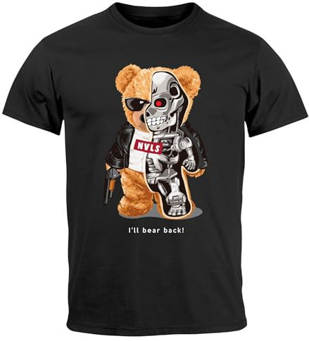 Neverless® Herren T-Shirt Print Teddy Bär I'll Bear Back Meme Parodie Spruch Techwear Fashion Streetstyle schwarz L
