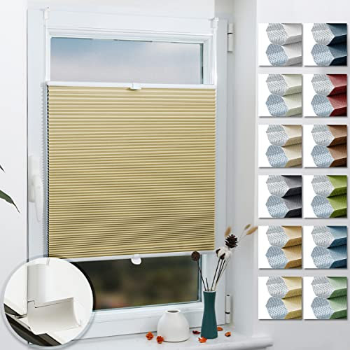 Grandekor Plissee ohne Bohren Verdunkelung nach Maß,(B30-120cm,H40-230cm) Wabenplissee ohne Bohren,Plissees Klemmfix mit Metall Klemmträger Gelb