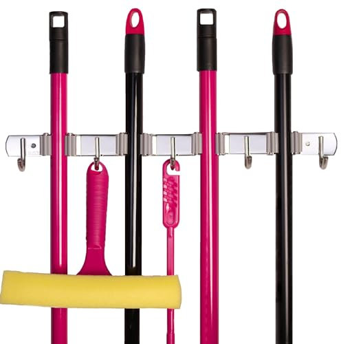 KAYKO Colgador Escobas Y Fregonas Adhesivo, Escobero Organizador, Soporte Pared - Cuelga trapos para Cocina, Baño, Garaje, Jardín y Oficina, Metálico