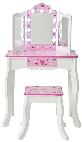 Teamson Kids - Pretend Play Kinder Schminktisch, Tisch und Stuhl Schminkset mit LED-Spiegel, Schminktisch mit Schublade, Sweethearts Print Gisele Play Vanity Set, Weiß/Rosa, Geschenk für Kinder ab 3