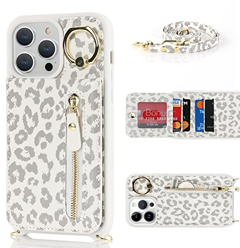 Cavor Phone Case compatible with iPhone 13 Pro With Strap,Flip Folio Leather Wallet Case,[4 Card Holder][Ring Stander][Snap Closure] Crossbody Lanyard Cover - White Leopard