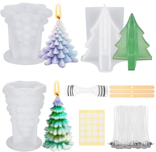 3 Stück Weihnachtsbaum Kerzenform Silikon, Kerzenformen Zum Gießen Set mit 1 Ständer, 3 Stäbe, 40 Kerzendochte und 1 Aufkleber, silikonform tannenbaum für DIY Weihnachten Handwerk Ornamente