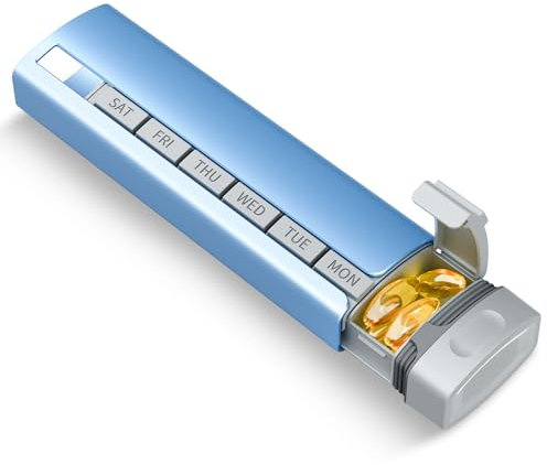 Betife Tablettenbox 7 Tage，Aktualisierte Metall Medikamentenbox 7 Tage, Pillendose für unterwegs, Pillenbox Reise Groß, Zweischichtig-Innenbehälter aus ABS und Schale aus Aluminiumlegierung (blau)