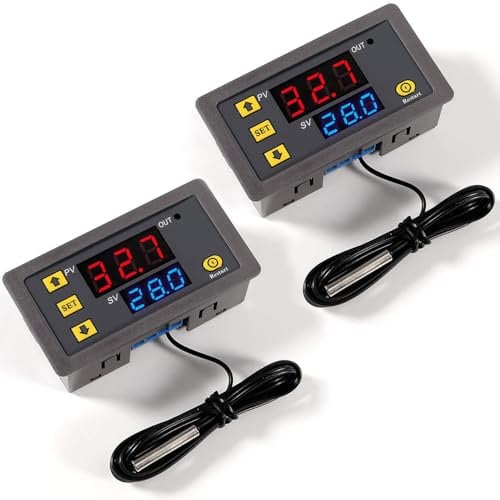 Greluma 2 Piezas Controlador de temperatura digital W3230 DC 12V, interruptor de control de termostato con pantalla LED de 20A con sonda de sensores NTC 10K, rango de -50 ℃ a 110 ℃