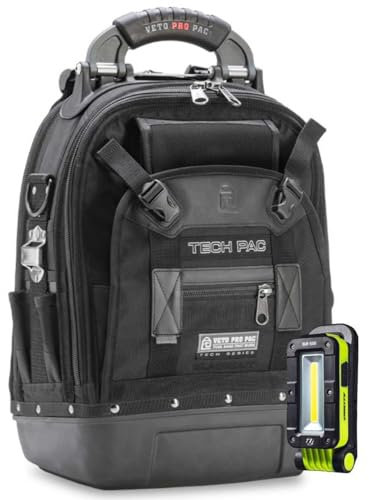 Pro Pac Tech Pac Blackout Backpack Large 25L Tool Bag with 500 Lumen Inspection Light | 25 Litre | Professional Tradesman Heavy Duty Toolbag | Unilite & Veto | Black Waterproof