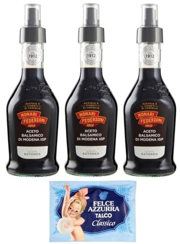 3er-Pack Monari Federzoni Aceto Balsamico di Modena I.G.P.Gusto Rotondo,Spray Balsamico-Essig aus Modena I.G.P.,250ml Glasflasche + 1er-Pack Kostenlos Felce Azzurra Talkumpuder, 100g-Beutel