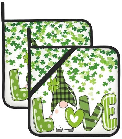 St. Patrick's Day Zwerg-Topflappen, Set mit 2 Kleeblatt-Grünkleeblättern, Küche, dekorativ, hitzebeständig, Topflappen, Baumwollfutter, Ofen, heiße Pads zum Kochen, Backen, Mikrowelle, Grill-Geschenke
