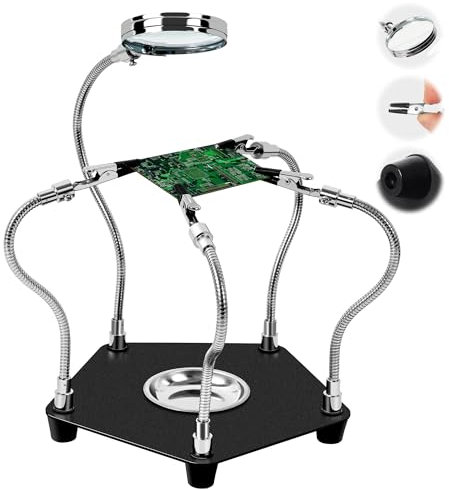 WUFANC Soldadura Soporte, Soporte para Soldar con 3X Lupa, Tercera Mano de Soldadura con 4 Piezas Pinzas de Cocodrilo, Soldadura Herramienta Adecuada para Electrónica, Soldadura y Manualidades