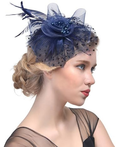Oenothera Kopfschmuck Fascinator, Fascinator Hut Damen, Hochzeit Mesh Stirnband, mit Haarspange und Haargummi für Damen Mädchen Abend Partys（Dunkelblau）