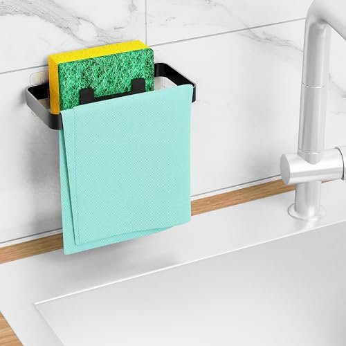 KEMDH Schwammhalter Küche, Edelstahl Spültuchhalter Hängend, 2 in 1 Schwammhalterung, Lappenhalter Spülbecken für Schwämme, Bürsten und Lappen, Spülbecken Organizer, Schwarz