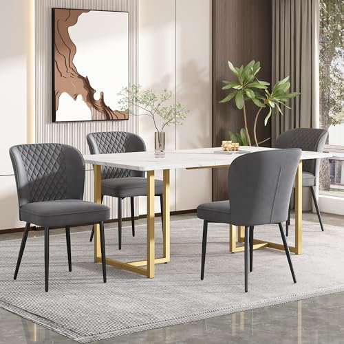 KUAKE Essgruppe,140×80×75cm Esstisch mit 4 Samt Esszimmerstühle, Polsterstuhl Design Stuhl mit Rückenlehne,L-förmig Golden Tischbeine (Dunkelgrau-B)
