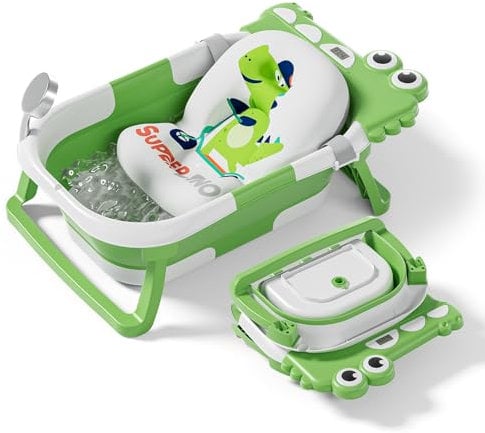 Baignoire Bébé Pliable XXL Avec Coussin De Bain Bebe Et Thermomètre Intégré - Baignoire Enfant Avec Siege De Bain Pour Bebe - baignoire Bebe Sur Pied - Idéal Pour Cadeau De Naissance Fille Ou Garçon