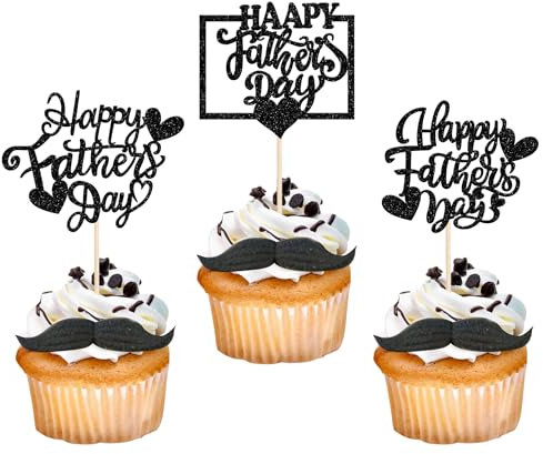24 Pack Happy Father's Day Cupcake Toppers Glitter Love Heart Love Dad Best Dad Cupcake Picks for Father's Day Theme Men Birthday Party Cake Decorations Supplies Black