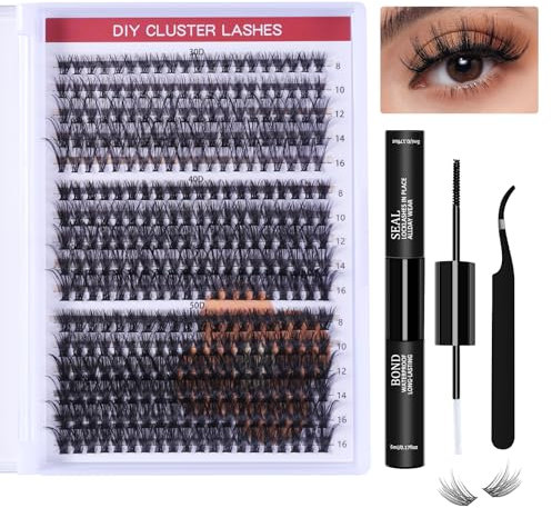 Kit de touffes de faux cils d'extension de cils avec liaison et joint, extensions de cils pour usage personnel et domestique D Curl mix 8-16 mm, 30D + 40D + 50D Cluster Lash