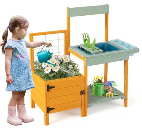 Maxmass Kids Potting Bench Table, Outdoor Toddlers Mud Kitchen Playset with See-Through Window, Planter Box, Trellis & Garden Tools, Kids Play Kitchen Toy Gardening Center for 3-8 Years Old