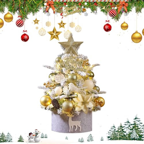 Les-Theresa 17.72In Small Mini Christmas Tree for Table with Lights Mini Xmas Trees, Tabletop Table Top Christmas Tree Light Up for Home Party Desk Decoration (Gold)