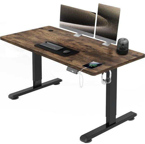 Airfish Höhenverstellbarer Schreibtisch mit USB-Buchse, Elektrisch Schreibtisch mit Kabelwanne, Computertisch, Bürotisch, Stehpult mit Erinnerung an sitzende Tätigkeiten, 120 x 80 cm, Vintage-Braun