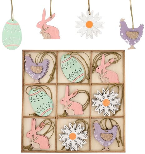 Valery Madelyn 18 Stück 5cm Anhänger, Holzdeko zum Aufhängen, Osterschmuck aus Holz, Osterhasen Eier Hühner und Blumen Dekohänger für Ostern Frühling Deko (Bunt)