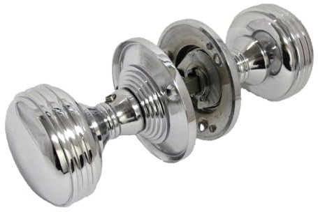 Chrome Polished Round Door Knob Set with Tubular Latch – Heavy Reeded Style Sprung Door Knobs for Internal & External Doors. (1 Pair of Handles)