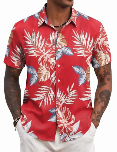 COOFANDY Mens Hawaiian Shirts Short Sleeve Casual Summer Shirts Holiday Shirt Tropical Beach Shirt Floral Relaxed Fit Red & Multi Leaf 3XL