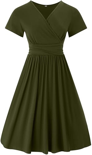 WUWUSKY Sommerkleid Damen Kurzarm V-Ausschnitt Freizeit Kleider A Linie Leicht Casual Dress mit Taschen Plissee Loose Swing Freizeitkleid,Armeegrün,XL