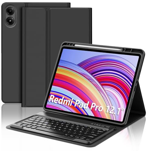 JADEMALL Clavier Redmi Pad Pro 12.1 Pouces 2024, Coque Clavier pour Redmi Pad Pro 12.1 2024, AZERTY Français Bluetooth Magnétique Détachable avec Fente pour Stylo, Noir