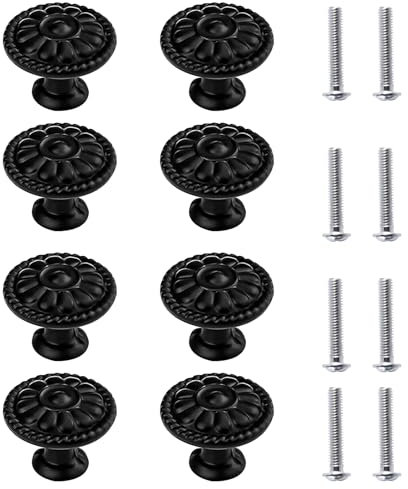 Qwrqwr Vintage Möbelknöpfe Schwarz Matt mit Blumenmuster 6er Set Schubladenknöpfe mit Schrauben für Kommode Kleiderschrank Schublade und Tür Retro Design (Schwarz Matt)