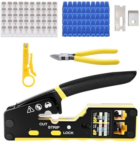 RJ45 crimpzange set, Netzwerk Werkzeug für Netzwerkstecker CAT5/CAT6/CAT7, Crimping Tool mit Netzwerkkabel Tester, 50 CAT6 Stecker, 50 Stiefel, Profi RJ45/RJ11/RJ12 Reparaturwerkzeug