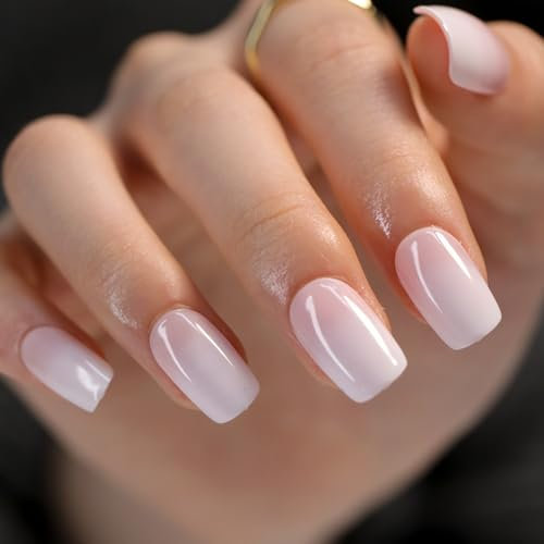 24PCS Gradient French Tip False Nails - Short Square Press on Nails - Gradient White Pink Fake Nails with Glue - Coffin Full Cover Glossy Acrylic Stick on nails for Women Girls Nails Art Accessories