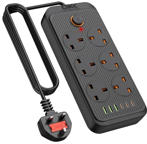 Power Strip Surge Protector with 6 way plug extension Socket, Extension Lead with 3 USB Slots (2.1A, 3 Type C and 3 USB-A Ports), Power outlets 2M Extension cord for Home Office Travel