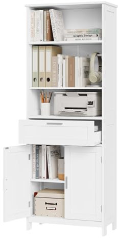 eSituro Badezimmerschrank, Badschrank Hochschrank, Aufbewahrungsschrank mit 2 Türen, 3 offenem Ebenen und 1 Schublade, Mehrzweckschrank für Badezimmer Büro Küchen Wohnzimmer, 60 x 160 x 30 cm, Weiß