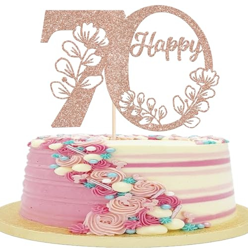 Xsstarmi 1 Pack Happy 70th Birthday Cake Topper Glitter Rose Gold 70 Cake Pick Cheers to 70 Birthday Cake Decorations for Happy 70th Anniversary Party Cake Decoration Supplies